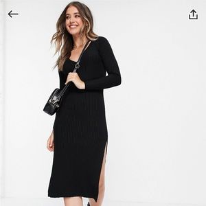 Long sleeve black sweater dress with side slit